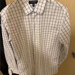 Banana Republic Men's White and Blue Checkered Dress Shirt - Athletic Fit